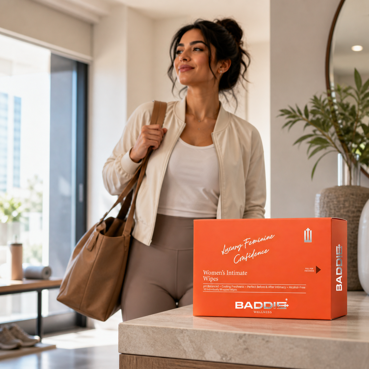 Baddie Women's Intimate Wipes in a bright everyday getting-ready setting