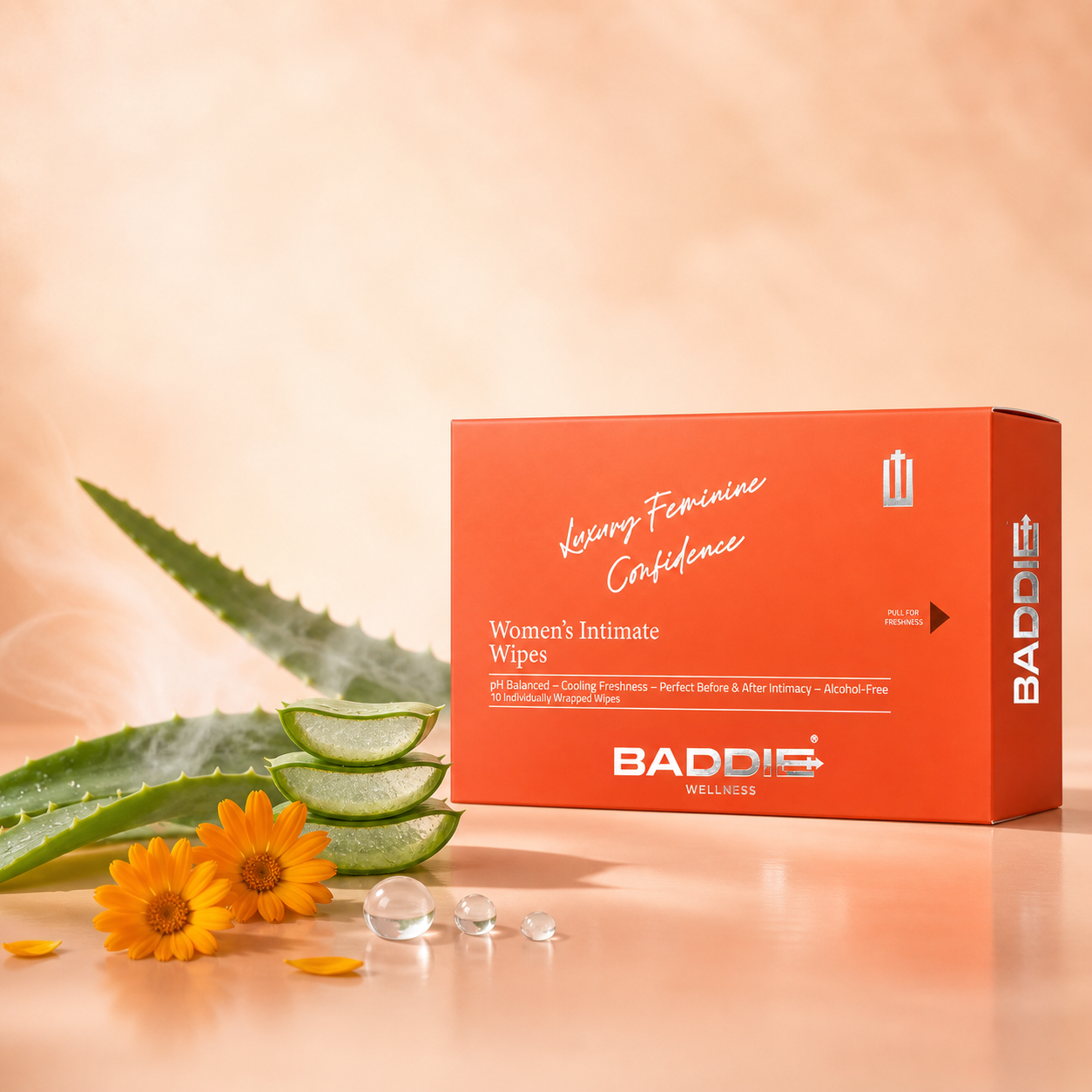 Baddie Women's Intimate Wipes with aloe, calendula and water droplets
